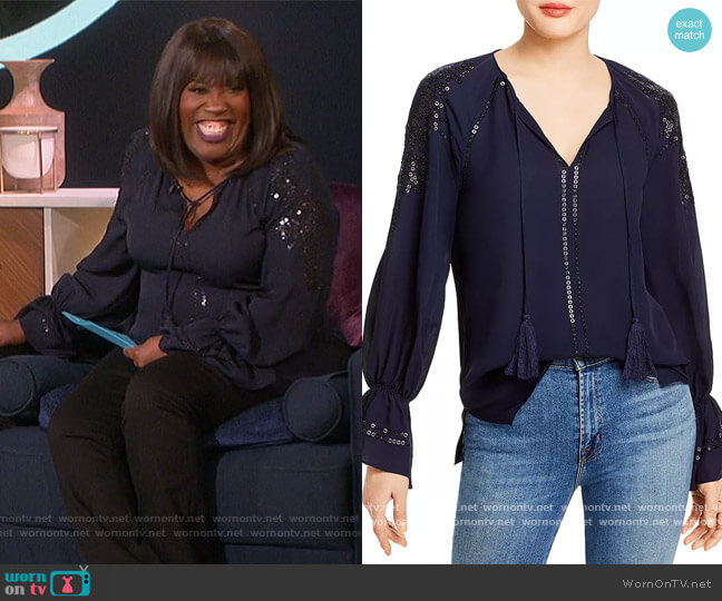 Kobi Halperin Sarah Embellished Tassel Tie Blouse worn by Sheryl Underwood on The Talk