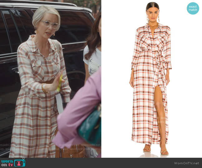 L'Agence Cameron Shirtdress in Petal/Quartz Soft Plaid worn by Miranda Hobbs (Cynthia Nixon) on And Just Like That