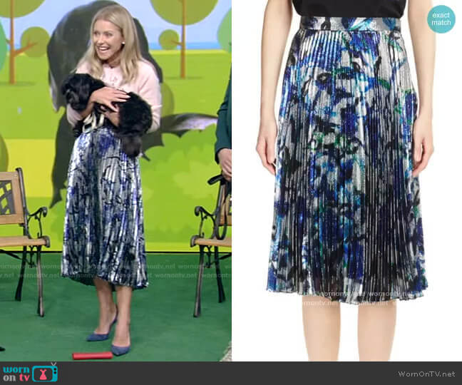 Christopher Kane lamé pleated skirt worn by Kelly Ripa on Live with Kelly and Mark