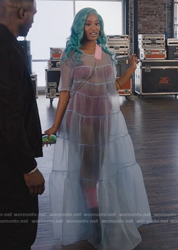Lauren’s blue sheer maxi dress on Queens