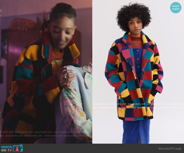Lazy Oaf Coloured Cube Fleecey Coat worn by Ola Nyman (Patricia Allison) on Sex Education