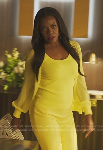 Leah’s yellow sheer cardigan and tank top on Our Kind of People