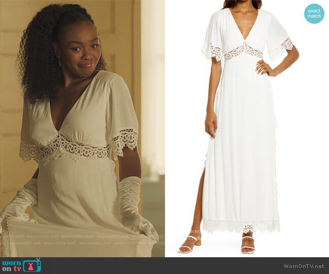 Lulus Sweeten the Occasion Lace Inset Gown worn by Nikki Vaughn (Alana Bright) on Our Kind of People