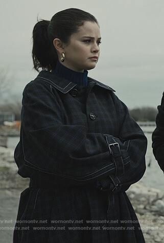 Mabel’s navy check belted coat on Only Murders in the Building