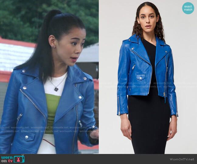 Mackage Baya Leather Crop Biker Jacket worn by George Fan (Leah Lewis) on Nancy Drew