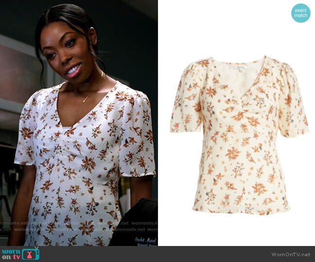 Madewell Silk Ruched Front Puff Sleeve Top in Antique Coral worn by Vanessa Taylor (Asjha Cooper) on Chicago Med