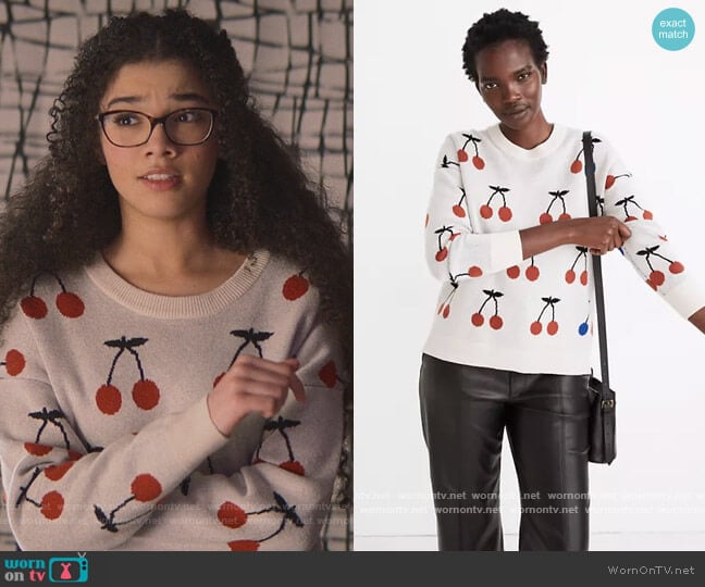 Madewell Cherry Jacquard Pullover Sweater worn by Mary-Anne Spier (Malia Baker) on The Baby-Sitters Club