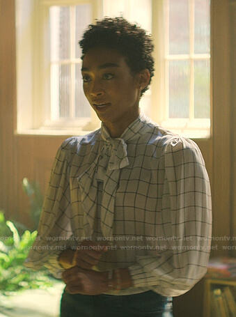 Marienne’s white windowpane tie neck blouse on You
