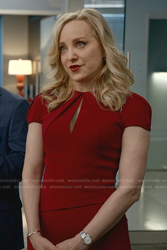 Marissa’s red keyhole cap sleeve dress on Bull