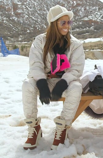 Mary’s black and white fur scarf and boots on The Real Housewives of Salt Lake City