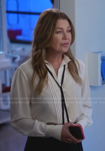 Meredith’s white pleated tie neck blouse on Greys Anatomy