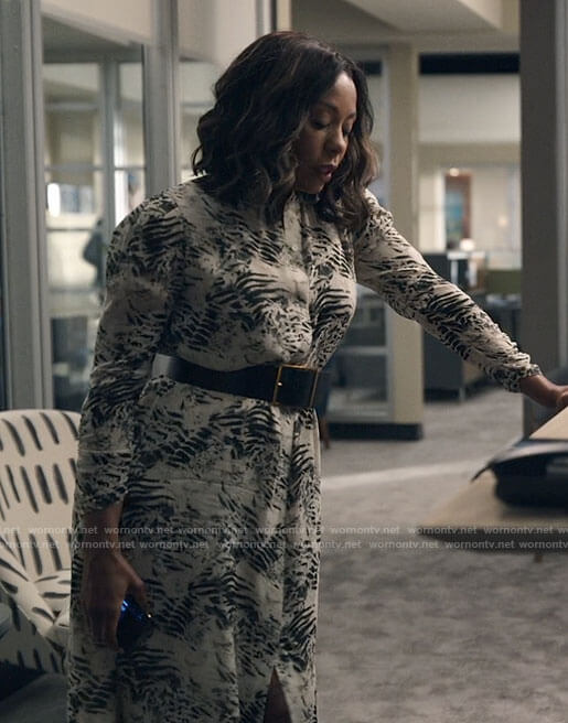 Mia’s animal print button front dress on The Morning Show