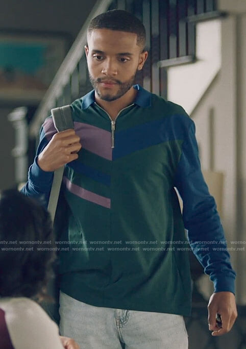 Micah’s green striped zip neck polo shirt on Queen Sugar