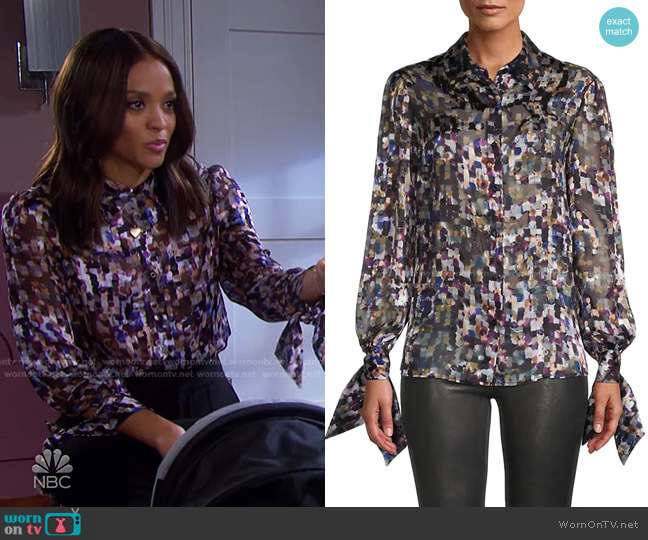 Milly Painted-Print Tie-Cuff Blouse worn by Lani Price (Sal Stowers) on Days of our Lives