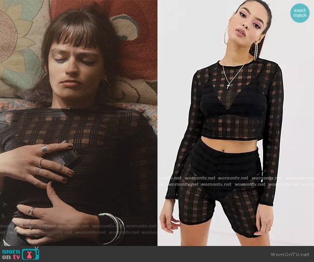 Missguided Check Mesh Two-piece Crop Top in black worn by Maeve Wiley (Emma Mackey) on Sex Education