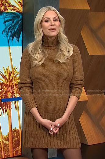 Morgan’s brown turtleneck sweater dress and boots on E! News Daily Pop