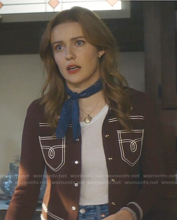 Nancy’s brown contrast stitch cardigan on Nancy Drew