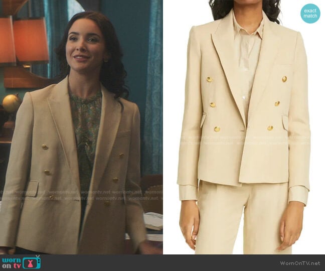 Nili Lotan Double Breasted Linen & Silk Blazer worn by Bess (Maddison Jaizani) on Nancy Drew
