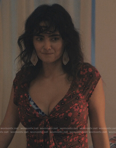 Paloma’s red floral print mini dress on Love Life