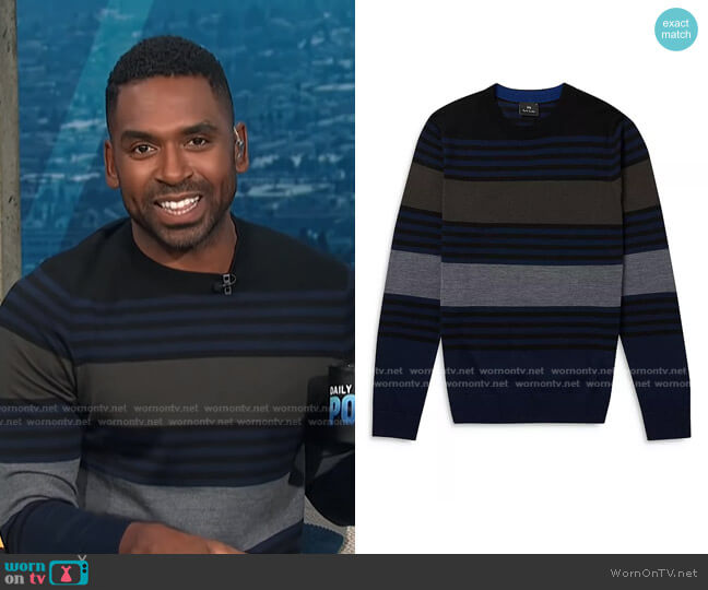 PS Paul Smith Multi-Stripe Merino Wool Pullover Sweater worn by Justin Sylvester on E! News