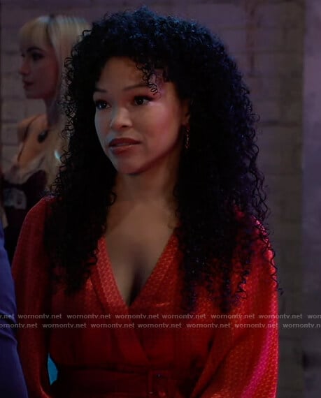 Portia’s red belted wrap dress on General Hospital