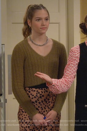 Presley’s olive fuzzy sweater on Side Hustle