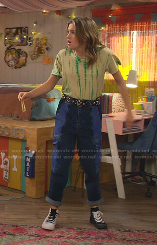 Presley’s blue colorblock utility jeans on Side Hustle