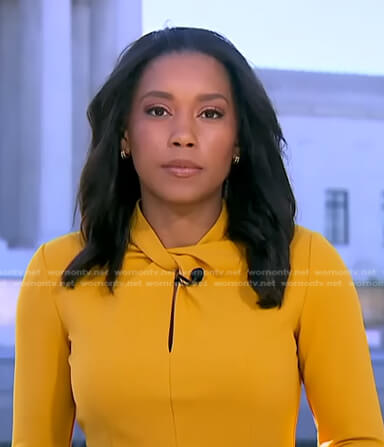 Rachel’s yellow twisted neckline dress on Good Morning America