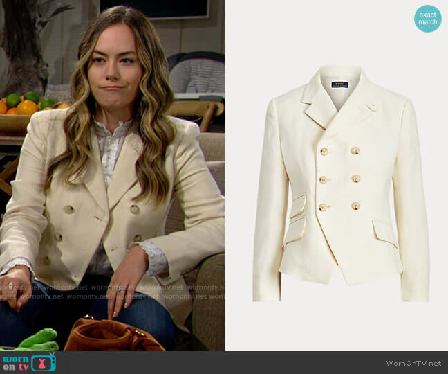 Polo Ralph Lauren Double-Breasted Herringbone Tweed Blazer worn by Hope Logan (Annika Noelle) on The Bold and the Beautiful