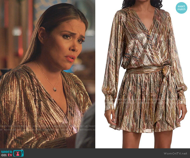 Ramy Brook Metallic Faux-Wrap Mini Dress worn by Cristal Jennings (Daniella Alonso) on Dynasty
