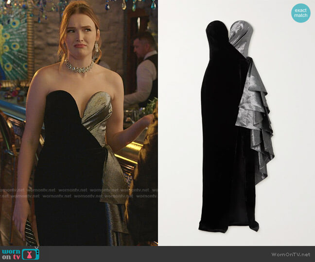 Rasario Strapless Ruffled Lamé and Velvet gown worn by Kirby Anders (Maddison Brown) on Dynasty