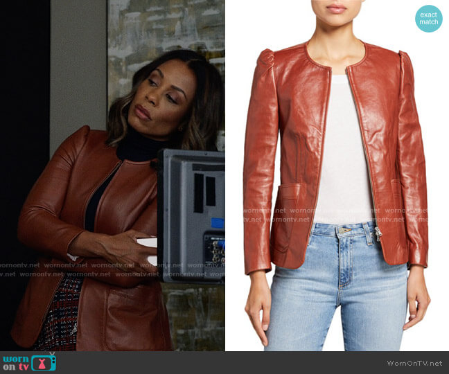 Rebecca Taylor Zip-Front Patch-Pocket Leather Jacket worn by Mia Jordan (Karen Pittman) on The Morning Show