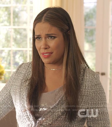 Cristal’s grey sequin top and tweed jacket on Dynasty