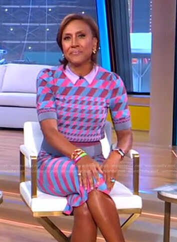 Robin’s geometric polo sweater and skirt on Good Morning America