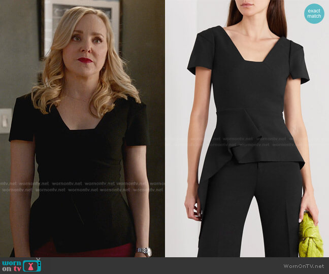Roland Mouret Irene Asymmetric Draped Top worn by Marissa Morgan (Geneva Carr) on Bull