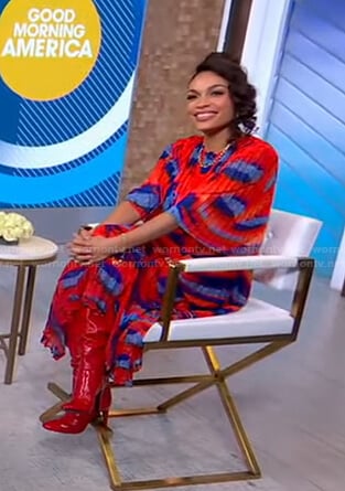 Rosario Dawson’s red printed pleated dress on Good Morning America