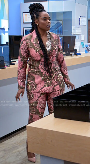 Sabrina’s pink and brown printed suit on Tyler Perrys Sistas