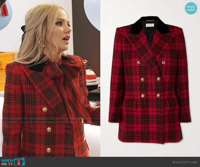 Saint Laurent Double-Breasted Velvet-Trimmed Checked Wool Blazer