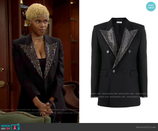 Saint Laurent Embellished Lapel Blazer worn by Paris Buckingham (Diamond White) on The Bold and the Beautiful