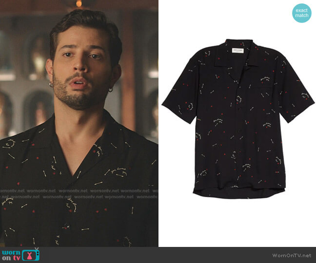 Saint Laurent Heart Logo Print Short Sleeve Button-Up Camp Shirt worn by Sam Flores (Rafael de la Fuente) on Dynasty