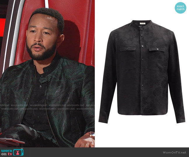 Saint Laurent Stand-Collar Palm Tree-Jacquard Silk Shirt worn by John Legend on The Voice