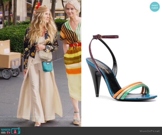 Saint Laurent Liya 95mm Sandals worn by Carrie Bradshaw (Sarah Jessica Parker) on And Just Like That