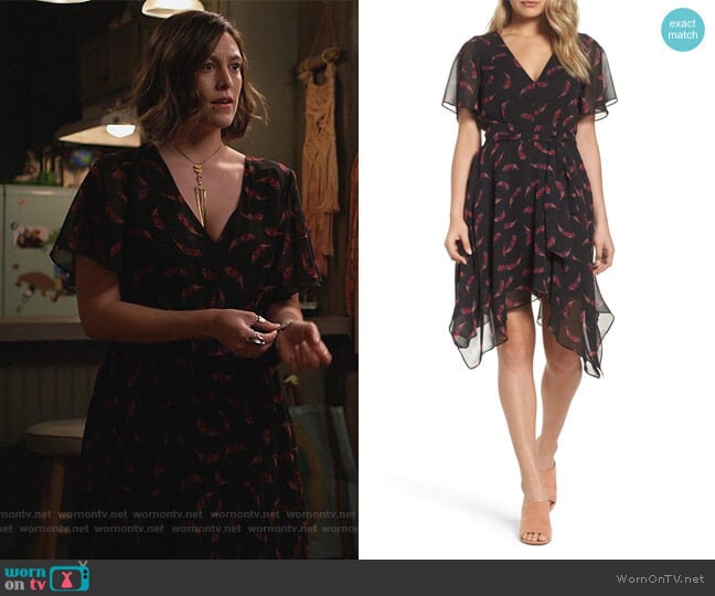 Sam Edelman Feather Print Handkerchief Hem Dress worn by Sarah (Caitlin McGee) on Home Economics