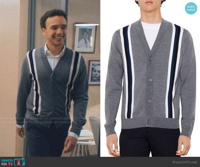 Sandro College Wool Striped Button Cardigan worn by Freddie (Hayward Leach) on Love Life