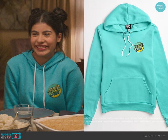 Santa Cruz Contra Pop Dot Teal Hoodie worn by Dawn Schafer (Kyndra Sanchez) on The Baby-Sitters Club
