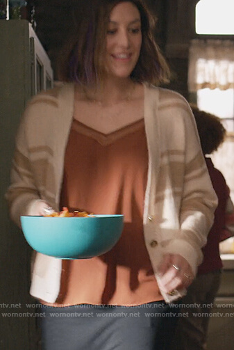 Sarah’s beige stripe cardigan on Home Economics