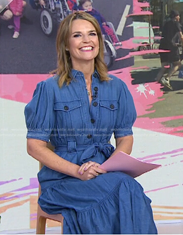 Savannah’s blue puff sleeve tie waist dress on Today