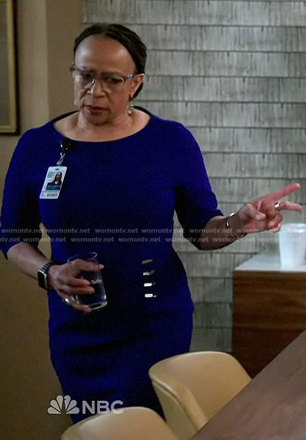 Sharon’s purple sheath dress on Chicago Med