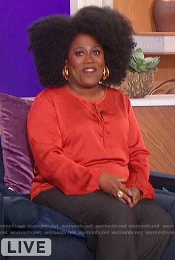 Sheryl’s red satin keyhole blouse on The Talk