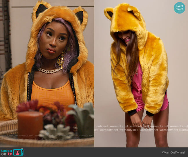 Spirithoods Classic Golden Wolf Luxe Faux Fur Bomber worn by Lauren Rice (Pepi Sonuga) on Queens